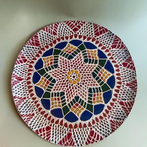 Large Hand Painted Clay Pottery Plate with Bright Embossed Sunburst Folk Art Pattern Platter