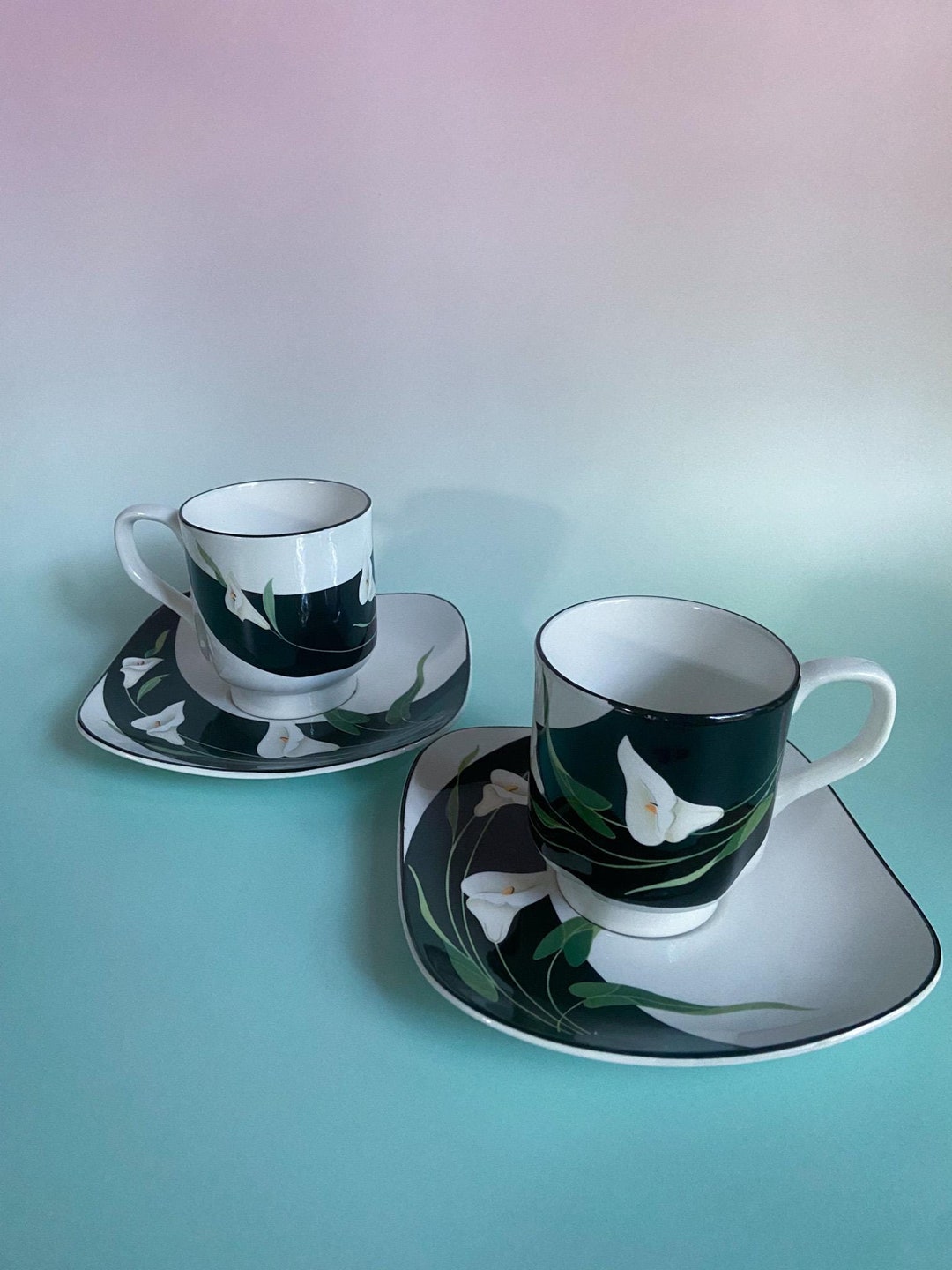Sango Quadrille Black Lilies Set of Two Porcelain Tea Cups and