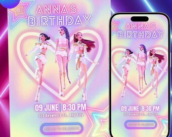 K-Pop Dämonenjäger-Geburtstagseinladung - Bearbeitbare Canva-Vorlage - Huntrix Golden - Druckbare Geburtstagsparty
