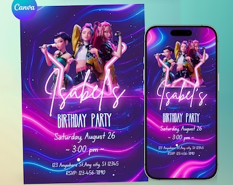 Kpop Girl Group Invitation | Neon Pop Star Party Invite | Editable Printable Birthday Invite