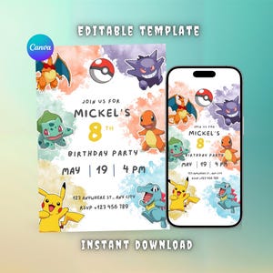 Pokémon Birthday Invitation – Editable Digital Party Card | Pikachu & Charizard Theme | Instant Download