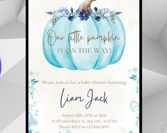 Blauwe pompoen baby showeruitnodiging | Herfstthema, jongen (afdrukbare canvassjabloon, digitale download)