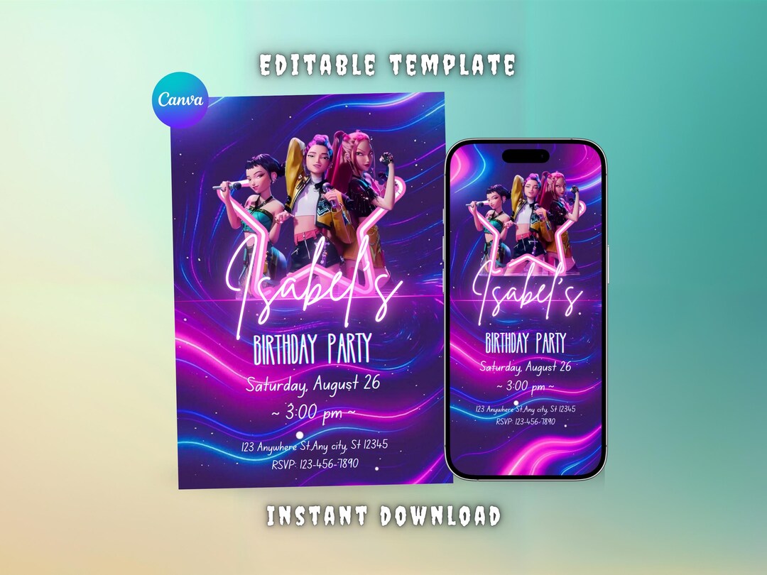 Group Invitation Message Kpop Girl Group Invitation | Neon Pop Star Party Invite | Editable ...