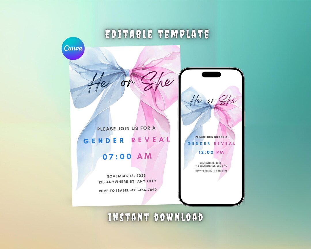 He or She Gender Reveal Invitation | Editable Baby Reveal Template ...