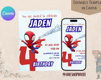 watercolor Spidey and Friends Birthday Invitation: Editable Canva Template | Instant Download