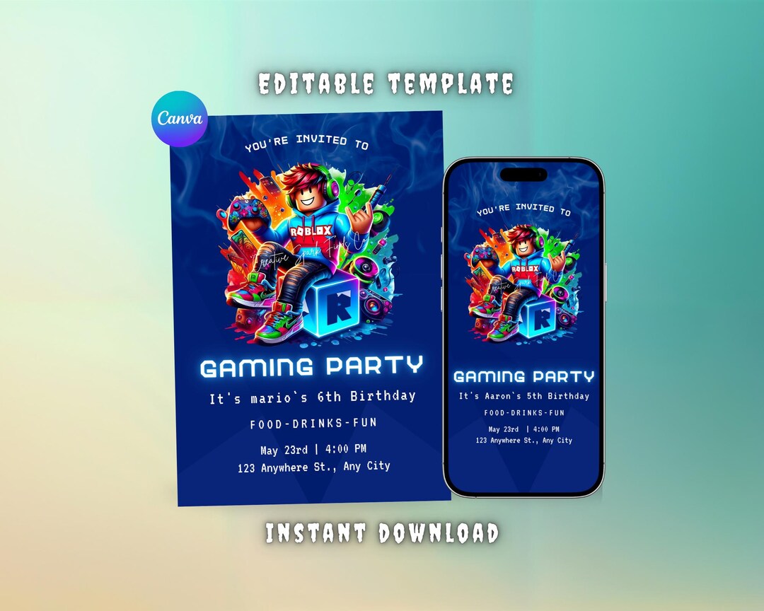 Roblox Birthday Invitation | Editable Gamer Template | Kids Gaming ...