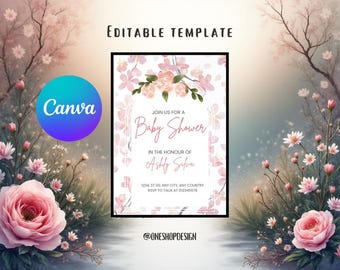 Pink Floral Baby Shower Invitation: Editable Canva Template (Digital Download)