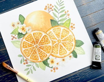 Orange Blossom Watercolor Print | Botanical Fruit Art, Farmhouse Kitchen Wall Decor