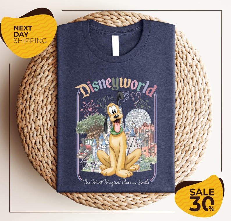 A t-shirt featuring a cartoon image of Pluto, the beloved character from the Disney animated film "Pluto". The t-shirt is displayed on a woven placemat, and there are two yellow price tags indicating a 30% discount on the item.