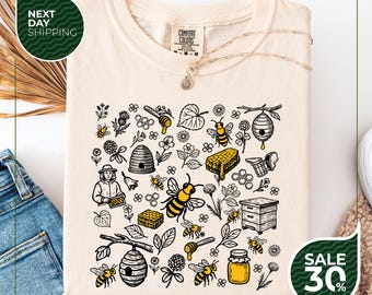 Comfort Colors® Vintage Bee Botanical T-Shirt | Honeycomb Doodle Shirt | Unique Honey Bees Shirt | Bee Lovers Tee | Comfort Colors T-Shirts