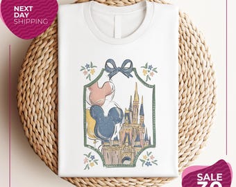 Retro Disney Castle Bow Shirt | Cute Coquette Mickey Balloon Tee |  Pastel Magic Kingdom Shirt | Disney Family Vacation Trip Tee