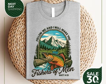 Christian Fishing T-shirt | Fishers of Men Tee | Outdoors Faith Shirt | Jesus Tee | Bible Verse Matthew 4:19, Father's Day Gift for Him