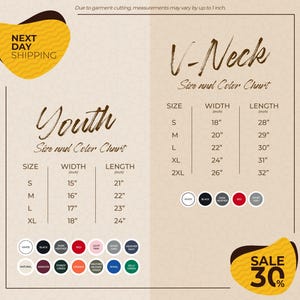 The image is a promotional graphic for a clothing store, displaying size and color charts for youth and v-necks. The chart provides the size and color options for each category, with corresponding width and length measurements. The image also includes a sale promotion of 30% off.