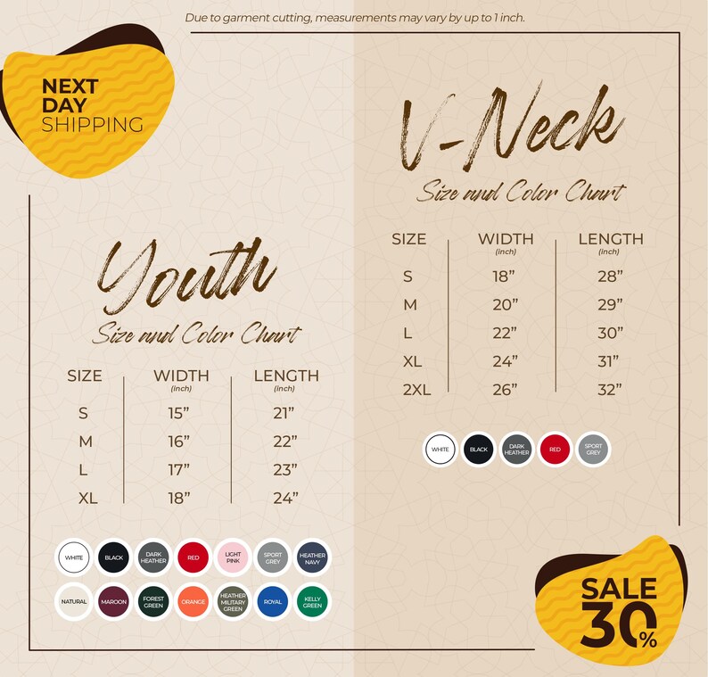 The image is a promotional graphic for a clothing store, displaying size and color charts for youth and v-necks. The chart provides the size and color options for each category, with corresponding width and length measurements. The image also includes a sale promotion of 30% off.