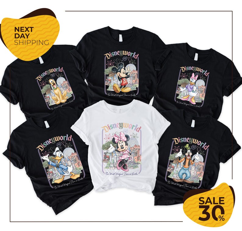 The image is a collection of Disney World merchandise, including t-shirts and shirts featuring various Disney characters such as Mickey Mouse, Minnie Mouse, Donald Duck, and Goofy. The items are displayed in a way that showcases the Disney World theme and the characters featured in the merchandise.