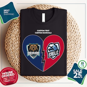 Custom Two College Heart Tshirt | Dual School Unisex Shirt | House Divided Tee | Any College Sport | Any Team Logo | Personalized Gift Idea