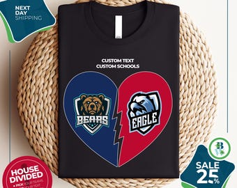Custom Two College Heart Tshirt | Dual School Unisex Shirt | House Divided Tee | Any College Sport | Any Team Logo | Personalized Gift Idea