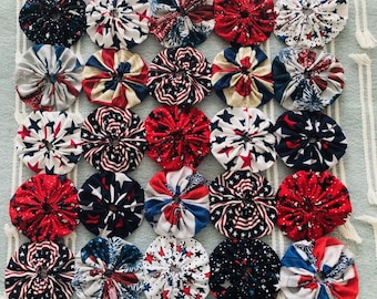 CANDLE MAT Patriotic Yo Yo Fabric Table Topper Runner Placemat Doll Quilt Doily Photo Prop