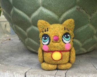 Needle Felted Gold Wool Lucky Cat Ready to Ship