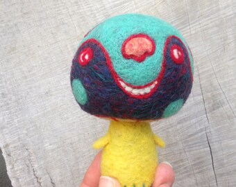 OOAK Needle felted Happy Mushroom Monster Toy Shelf Sitter Ready to Ship
