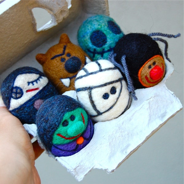 Set of 6  Spooky and Creepy Cute WOOLY Egg People SET 2 MADE TO ORDER