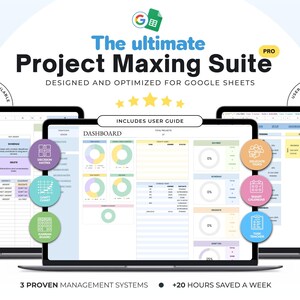 May include: A digital project management suite, designed for Google Sheets, is displayed on three laptop screens. The screens showcase a dashboard, charts, and task management tools. The text includes "Project Maxing Suite" and "Includes User Guide."