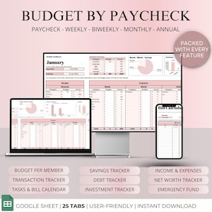 May include: A digital budget planner spreadsheet with 25 tabs, including a bill calendar, transaction tracker, savings tracker, and more. The spreadsheet is designed to help users track their income and expenses, manage their budget, and save money. The spreadsheet is available for instant download.