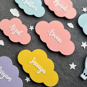 Puede incluir: Etiquetas con forma de nube en colores pastel: azul claro, rosa, amarillo y morado. Cada etiqueta presenta un nombre blanco en fuente cursiva. Decoraciones blancas en forma de nube y estrella están dispersas.