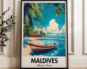 May include: A vintage travel poster featuring a colorful illustration of a tropical island scene with palm trees, a beach, a boat, and the text "MALDIVES Indian Ocean".