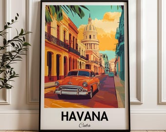 Havana Travel Poster: Vintage Car, Cuban Street Scene Art Print