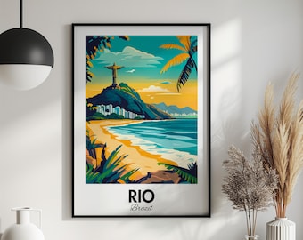 May include: A colorful illustration of a beach scene in Rio de Janeiro, Brazil. The image features a palm tree, a beach, the ocean, and the iconic Christ the Redeemer statue on top of Corcovado Mountain. The text "RIO Brazil" is at the bottom of the image.