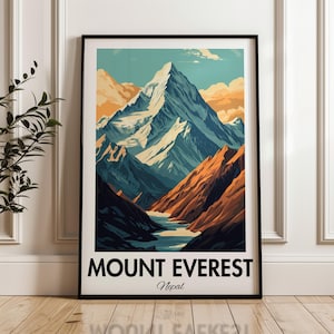 Mount Everest Reiseposter, Nepal Kunstdruck, Himalaya Landschaft, Bergspitzen Druck, Everest Basislager Poster