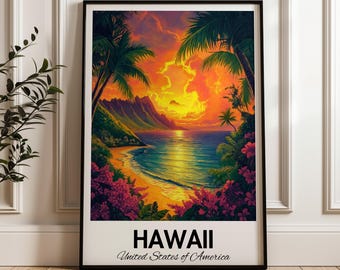 Może przedstawiać: Winietkowy plakat podróżniczy przedstawiający malowniczy zachód słońca nad plażą na Hawajach, Stany Zjednoczone Ameryki. Plakat ma czarną ramę i przedstawia palmy, góry i złoty zachód słońca.