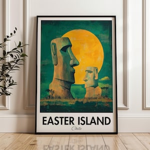 Easter Island Travel Poster, Rapa Nui Art Print, Moai Statues, Polynesian Landscape, Unique Island Decor, Chile Wall Art