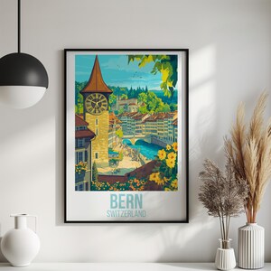 Bern Reiseplakat, Schweizer Stadtbild-Kunstdruck, historische Sehenswürdigkeiten, Bern Altstadt, Aare, Schweiz Wandkunst