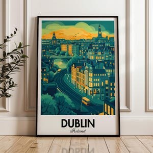 May include: A vintage-style illustration of Dublin, Ireland. The image features a cityscape with buildings, a river, and a bridge. The text "DUBLIN" and "Ireland" is at the bottom of the image.