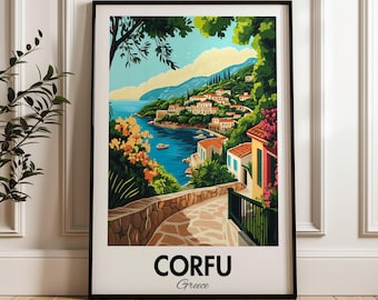 May include: A colorful illustration of a coastal town in Corfu, Greece. The image features a winding path leading down to a bay with boats and a view of the town. The text "CORFU Greece" is at the bottom of the image.