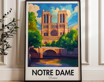 May include: A vintage travel poster featuring a colorful illustration of Notre Dame Cathedral in Paris, France. The cathedral is depicted in a yellow and brown color scheme with a large rose window. The poster has a blue sky with white clouds and green trees surrounding the cathedral. The text "NOTRE DAME" and "France" is printed in black at the bottom of the poster.
