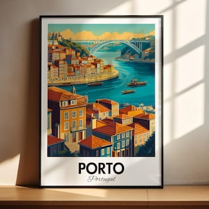 May include: A vintage travel poster featuring a colorful illustration of the city of Porto, Portugal. The poster depicts a cityscape with buildings, a bridge, and a river. The text "PORTO Portugal" is printed at the bottom of the poster.