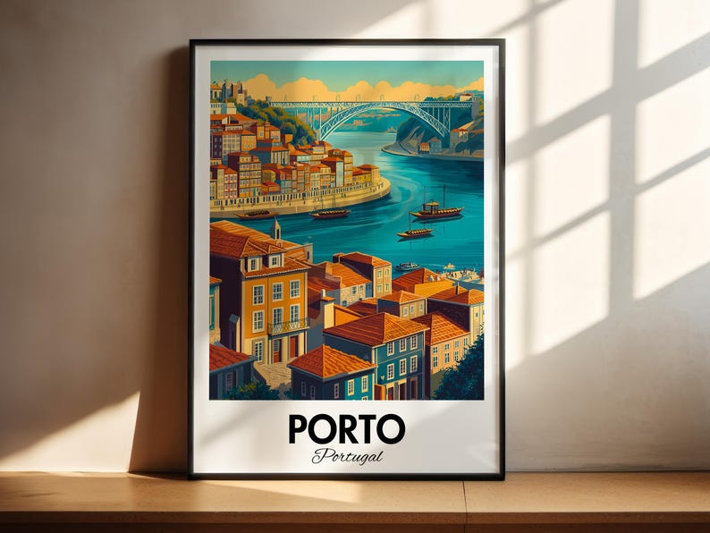 May include: A vintage travel poster featuring a colorful illustration of the city of Porto, Portugal. The poster depicts a cityscape with buildings, a bridge, and a river. The text "PORTO Portugal" is printed at the bottom of the poster.