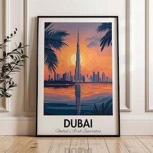 Dubai Travel Poster, Dubai City Print, UAE Art, Burj Khalifa, Dubai Skyline Print, Middle Eastern Poster