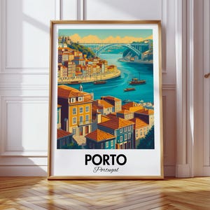 May include: A colorful illustration of the city of Porto, Portugal. The image features a bridge over a river, colorful buildings, and the text "PORTO Portugal".