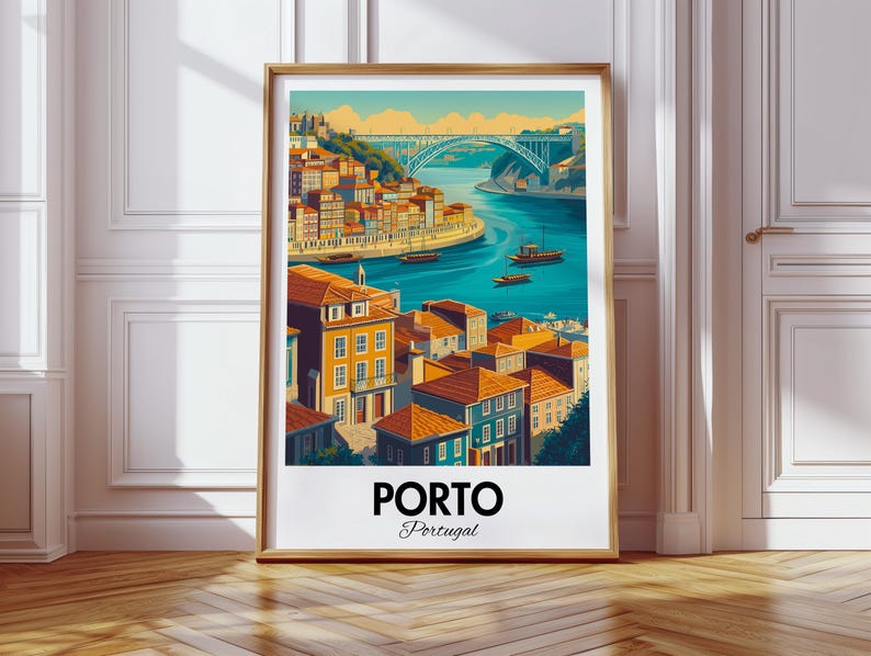 May include: A colorful illustration of the city of Porto, Portugal. The image features a bridge over a river, colorful buildings, and the text "PORTO Portugal".
