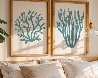 Seaweed Coastal Print Set, Navy Blue Botanical Wall Art (Digital Download)