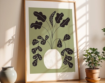 Abstract Botanical Art Print, Sage Green Mid-Century Modern (Digital Download)
