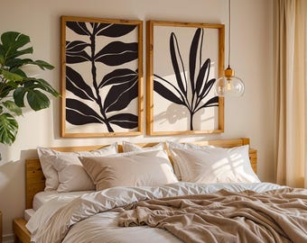 Japandi Botanical Prints Set, Beige & Black Wall Art (Digital Download)