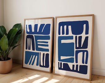 Navy Blue Abstract Art Print Set, Minimalist Japandi Wall Decor (Digital Download)