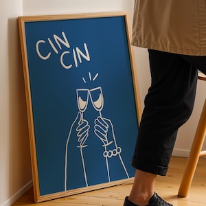 Cin Cin Printable Wall Art Trendy Alcohol Art Poster Bar Cart Art Print Girly Wall Art Navy Blue Wall Art Preppy Aesthetic Wall Art Modern