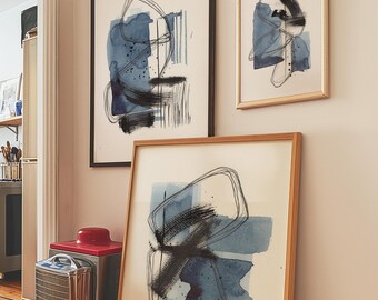 Navy Blue Japandi Art Prints, Set of 3 (Digital Download)
