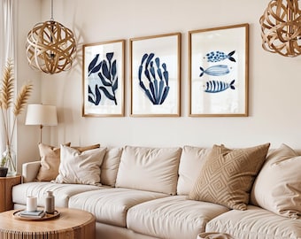 Navy Blue Coastal Prints, Seaweed Watercolor Art, Set of 3 (Digital Download)